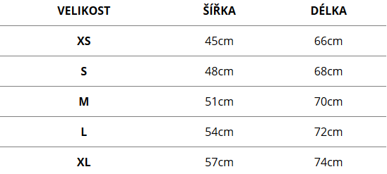 dámské mikiny s kapucí - velikostní tabulka